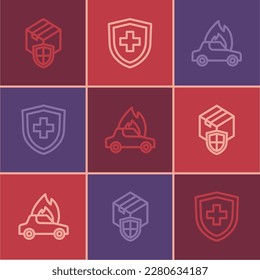 Set line Delivery security with shield, Burning car and Life insurance icon. Vector