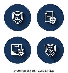 Set line Delivery security with shield, Contract,  and Life insurance with long shadow. Blue circle button. Vector