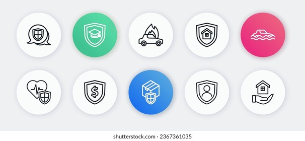 Set line Delivery security with shield, Flood car, Life insurance, House, Burning, hand and Shield dollar icon. Vector