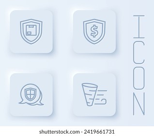 Set line Delivery security with shield, Shield dollar,  and Tornado. White square button. Vector
