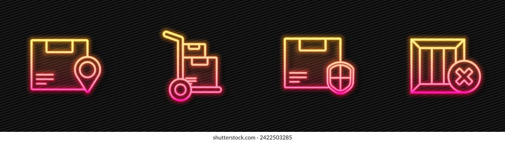 Set line Delivery security with shield, Location cardboard box, Hand truck and boxes and Wooden delete. Glowing neon icon. Vector