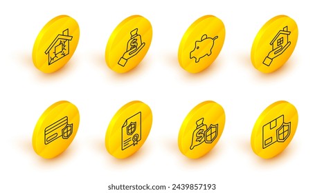 Set line Delivery security with shield, Money, Contract, Credit card, House in hand, Piggy bank,  and  icon. Vector