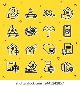 Set line Delivery security with shield, Contract, Insurance online, Flood car, Car accident, Burning, Money and Umbrella icon. Vector