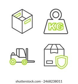 Set line Delivery security with shield, Forklift truck, Weight and Carton cardboard box icon. Vector