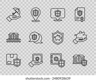 Set line Delivery security with shield, House, Location, Safe in hand, Umbrella,  and Piggy bank icon. Vector