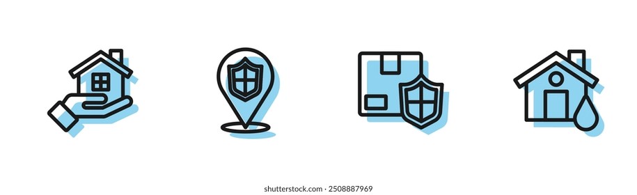 Set line Seguridad de entrega con escudo, casa en mano, Locación e icono de inundación. Vector