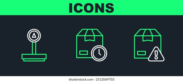 Set line Seguridad de entrega con escudo, escala e icono de reloj de caja de cartón. Vector