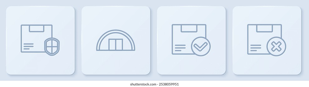 Fije la línea Seguridad de la entrega con el escudo, marca de verificación de la caja del paquete, cartón del almacén y del cartón y Borrar. Botón cuadrado blanco. Vector