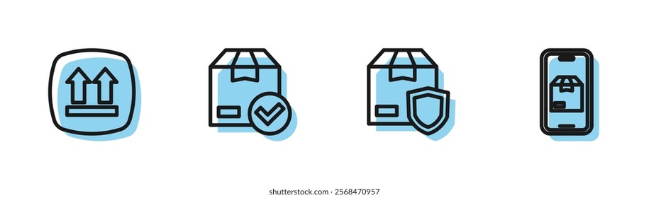 Set line Delivery security with shield, This side up, ackage box check mark and Mobile app delivery tracking icon. Vector