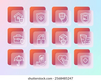 Set line Delivery security with shield, Contract in hand, Life insurance, Broken or cracked lock, House and  icon. Vector