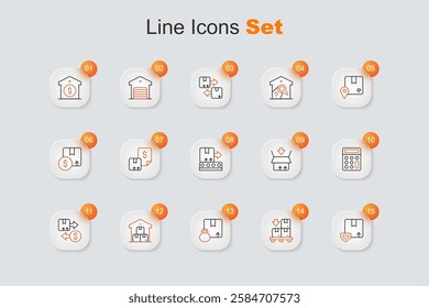 Set line Delivery security with shield, Cardboard boxes on pallet, Carton cardboard, Full warehouse, Tax, Calculator,  and Conveyor belt icon. Vector