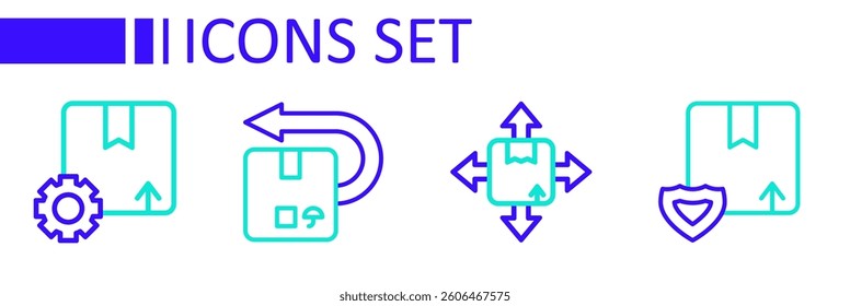 Set line Delivery security with shield, Carton cardboard box, Return and Gear package icon. Vector