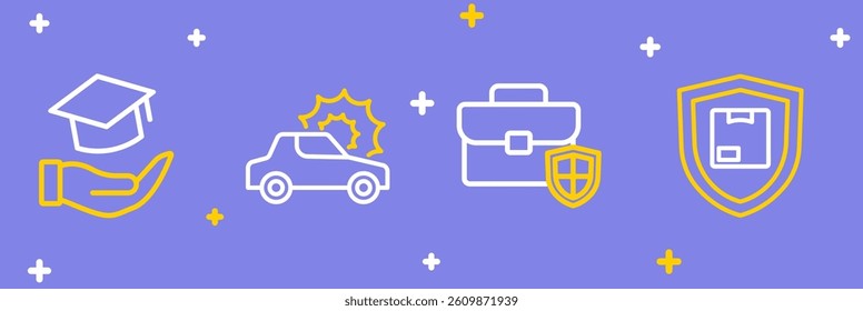 Set line Delivery security with shield, Briefcase, Car insurance and Education grant icon. Vector