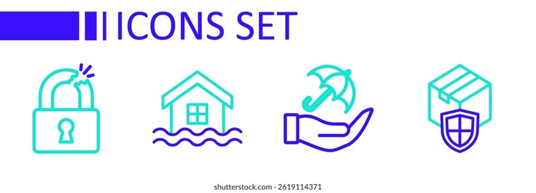 Set line Delivery security with shield, Umbrella in hand, House flood and Broken or cracked lock icon. Vector