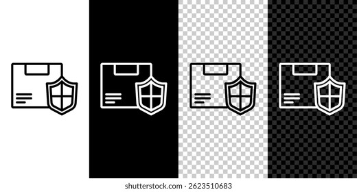 Definir a linha Segurança de entrega com ícone de escudo isolado no fundo preto e branco. Seguro de entrega. Caixas de papelão seguradas fora do escudo.  Vetor