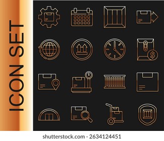 Set line Delivery security with shield, Carton cardboard box, Envelope dollar symbol, Wooden, This side up, Worldwide shipping and, Gear wheel package and Clock icon. Vector