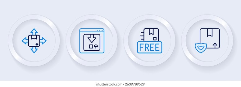 Set line Delivery security with shield, Cardboard box free symbol, Online app delivery tracking and Carton cardboard icon. Vector