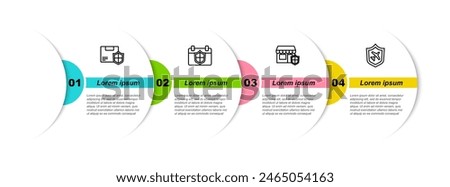 Set line Delivery security with shield, Calendar, Shopping building and Plane. Business infographic template. Vector