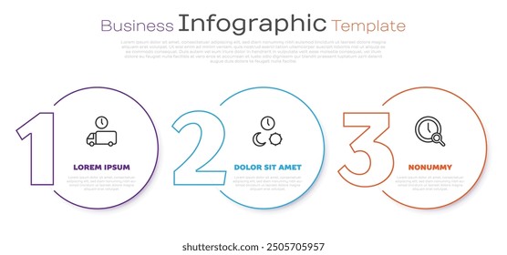 Set line Delivery time, Day and night with and Magnifying glass clock. Business infographic template. Vector