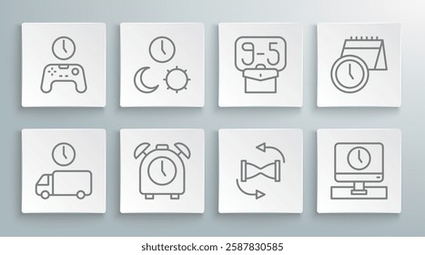 Set line Delivery time, Day and night with, Alarm clock, Old hourglass sand, Monitor, From 9, Calendar and Gamepad of icon. Vector