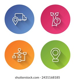Set line Delivery tracking, Arrow, Hierarchy organogram chart and Location. Color circle button. Vector