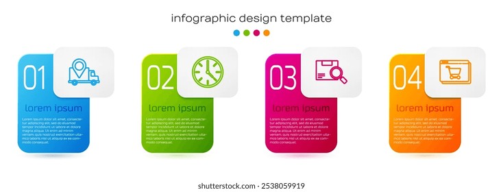 Establecer línea de seguimiento de entrega, reloj, paquete de Búsqueda y compras en línea en pantalla. Plantilla de infografía de negocios. Vector