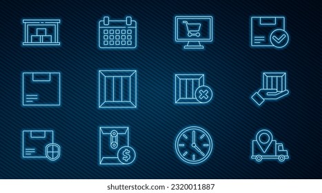 Establecer el seguimiento de entrega de línea, mano con cajas, carrito de compras en el equipo, Madera, Cartón de cartón, Almacén, borrar e icono de calendario. Vector