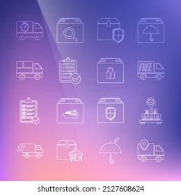 Set line Delivery tracking, Scale with cardboard box, Free delivery service, security shield, Verification of list, truck boxes, and stopwatch and Locked package icon. Vector