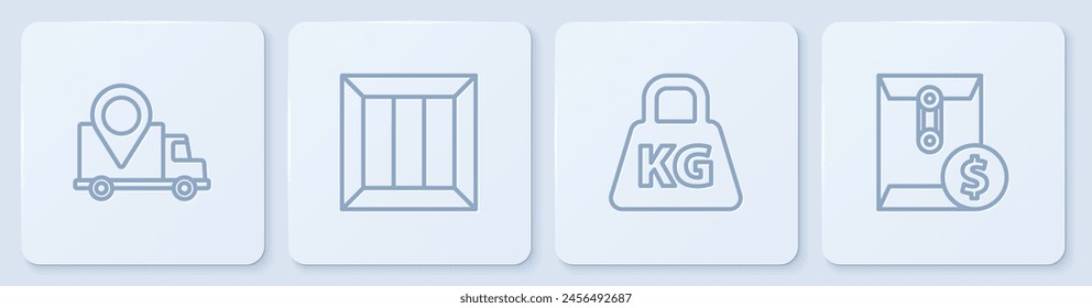 Set line Delivery tracking, Weight, Wooden box and Envelope with dollar symbol. White square button. Vector