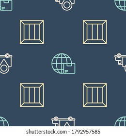 Set line Delivery tracking, Wooden box and Worldwide shipping and on seamless pattern. Vector