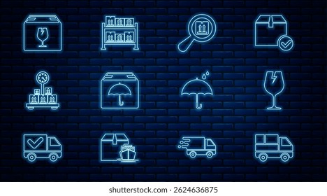 Set line Delivery truck with boxes, Fragile broken glass, Search package, umbrella, Scale cardboard, fragile content, Umbrella and rain drops and Warehouse icon. Vector