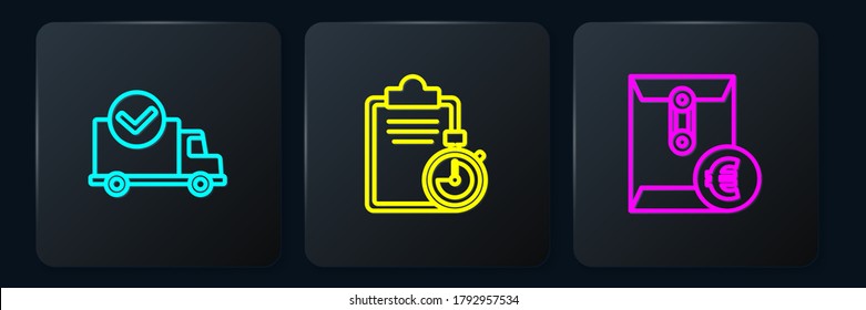 Set line Delivery truck with check mark, Envelope euro symbol and Verification of delivery list clipboard. Black square button. Vector