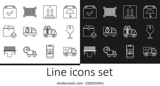 Set Line Delivery Truck With Check Mark, Fragile Broken Glass, Cardboard Box Traffic, And Stopwatch, Package, Gift And Barcode Icon. Vector