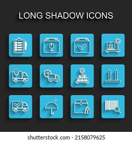 Set line Delivery truck with check mark, Umbrella and rain drops, Verification of delivery list, Locked package, Search barcode, clock, This side up and Scale cardboard box icon. Vector