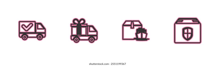 Set line Delivery truck with check mark, Cargo ship boxes, gift and security shield icon. Vector
