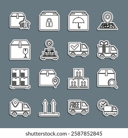 Set line Delivery truck and clock, Search package, with gift, umbrella, Scale cardboard box, fragile content, Plane and check mark icon. Vector