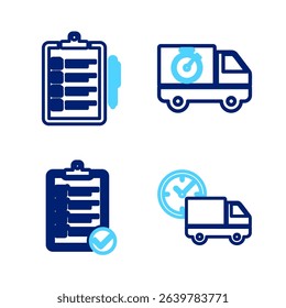 Set line Delivery truck and clock, Verification of delivery list, stopwatch and  icon. Vector