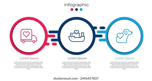 Set line Delivery truck with heart, Humanitarian ship and Heart dog. Business infographic template. Vector