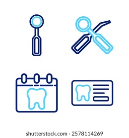 Set line Dental card, Calendar with tooth, inspection mirror and  icon. Vector