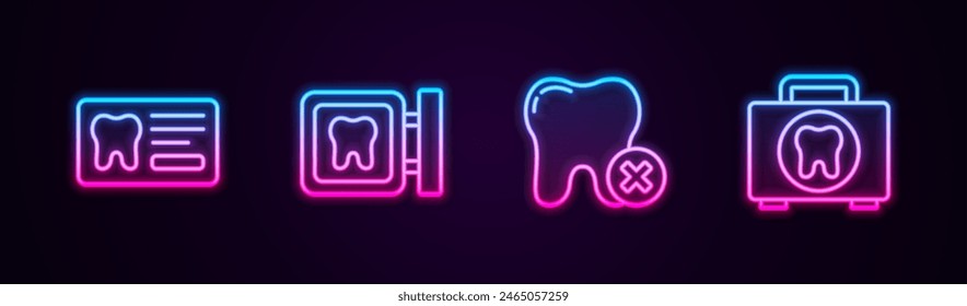 Set line Tarjeta dental, ubicación de la clínica, diente con caries y botiquín de primeros auxilios. Icono de neón brillante. Vector