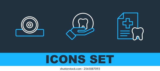 Set line Dental card, Otolaryngological head reflector and Tooth icon. Vector