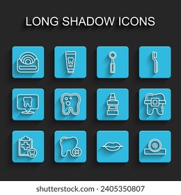 Set line Dental card, Tooth with caries, floss, Smiling lips, Otolaryngological head reflector, Teeth braces and Mouthwash bottle icon. Vector