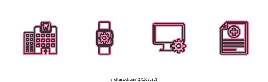 Set line Dental clinic, Computer monitor and gear, Smartwatch setting and Clinical record icon. Vector