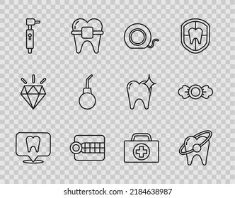 Set Line Dental Clinic Location, Tooth Whitening Concept, Floss, Dentures Model, Drill, Enema Pear, First Aid Kit And Candy Icon. Vector