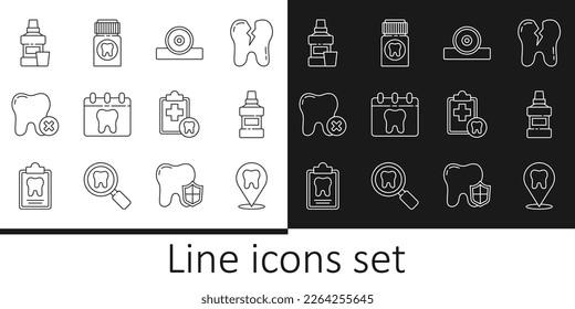 Set line Dental clinic location, Mouthwash bottle, Otolaryngological head reflector, Calendar with tooth, Tooth caries, card and Painkiller tablet icon. Vector