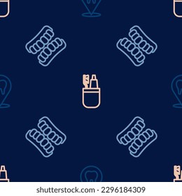 Set line Dental clinic location, Dentures model and Toothbrush and toothpaste on seamless pattern. Vector
