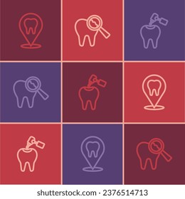 Set line Dental clinic location, Tooth with caries and drill and Broken tooth icon. Vector