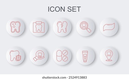 Set line Dental clinic location, protection, Broken tooth, Tube of toothpaste, Tooth with caries, X-ray,  and Painkiller tablet icon. Vector