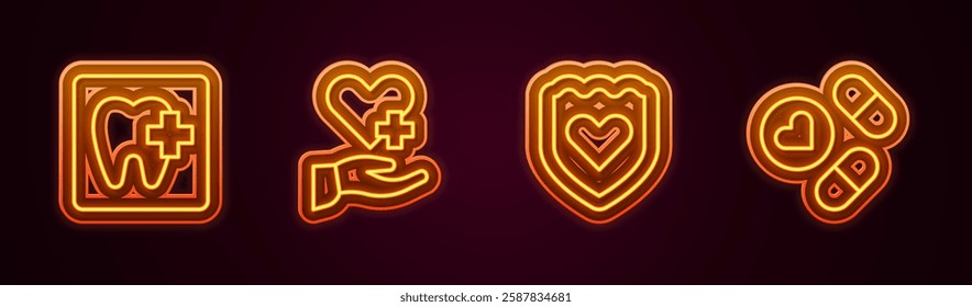 Set line Dental clinic location, Heart with cross, Immune system and Medicine pill or tablet. Glowing neon icon. Vector