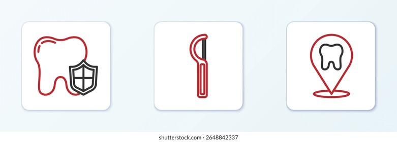 Definir a linha Localização da clínica dentária, proteção e ícone de fio dental. Vetor